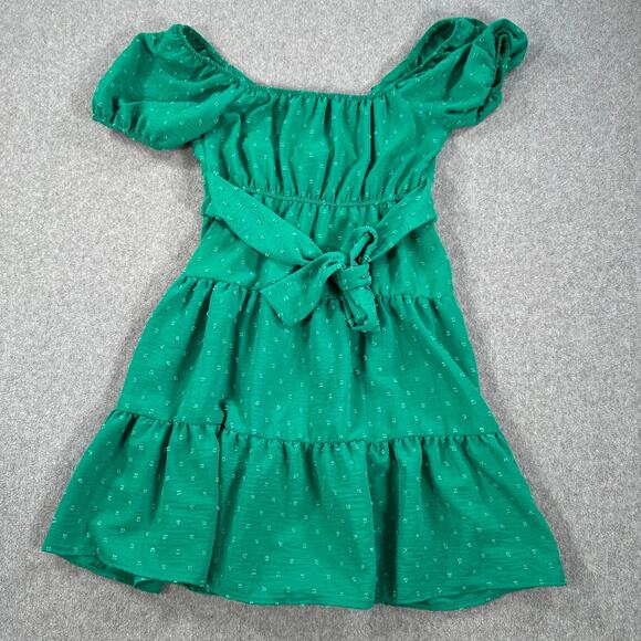 Altar'd State Green Swiss Dot Mini Dress Size Small Tie Back Puff Sleeve Tiered - Picture 7 of 7